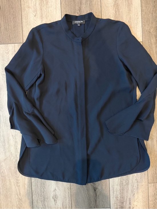 Lafayette 148 New York Tops - Lafayette 148 New York Classic Navy Hidden Button Blouse with Ruffle Sleeve